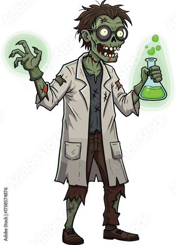 Cartoon zombie scientist holding green glowing flask, undead mad scientist casting magic spell, spooky horror lab coat character, Halloween creepy vector illustration