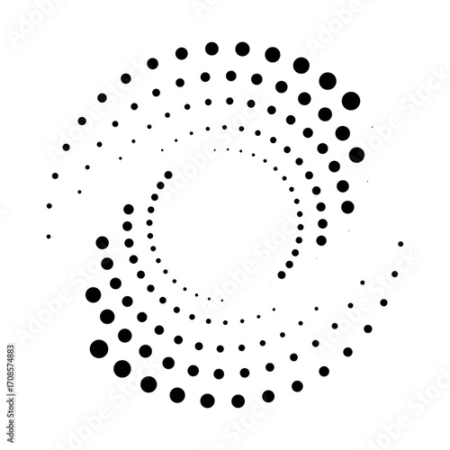 Radial speed Lines in circle form for comic books. Design element for frame, logo, tattoo, web pages, prints, posters, template, background. Set of black thick halftone dotted speed lines. Vector.
