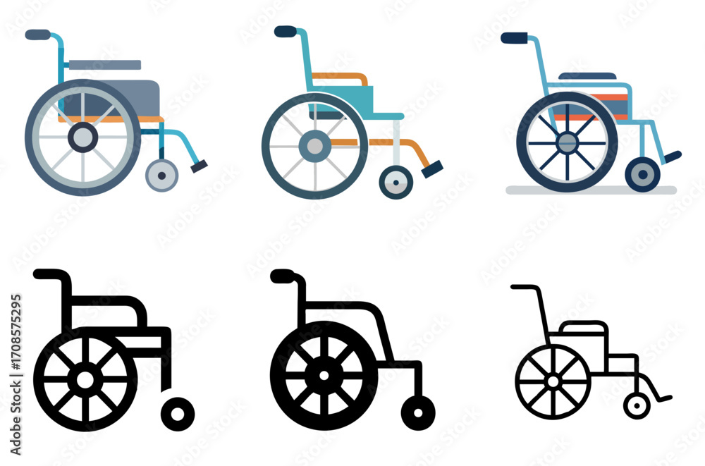 Fototapeta premium Medical Wheelchair Icon Set with Multiple Style Variations Vector