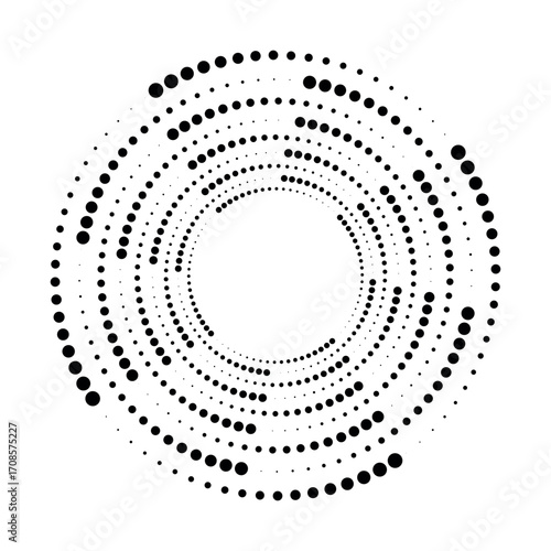 Radial speed Lines in circle form for comic books. Design element for frame, logo, tattoo, web pages, prints, posters, template, background. Set of black thick halftone dotted speed lines. Vector.