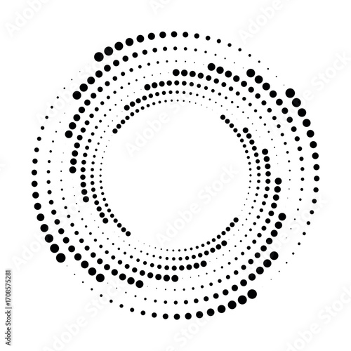 Radial speed Lines in circle form for comic books. Design element for frame, logo, tattoo, web pages, prints, posters, template, background. Set of black thick halftone dotted speed lines. Vector.