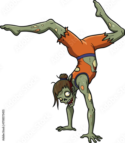 Funny cartoon zombie gymnast performing handstand, creepy undead athlete in ripped outfit, Halloween horror character vector for animation, comics, games, and design projects