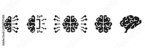 Pixel Art Brain And Neural Network Icon Set. Artificial Intelligence And Machine Learning Concept. Digital Brainstorming And Cognitive Computing Symbols. Isolated Vector Illustration