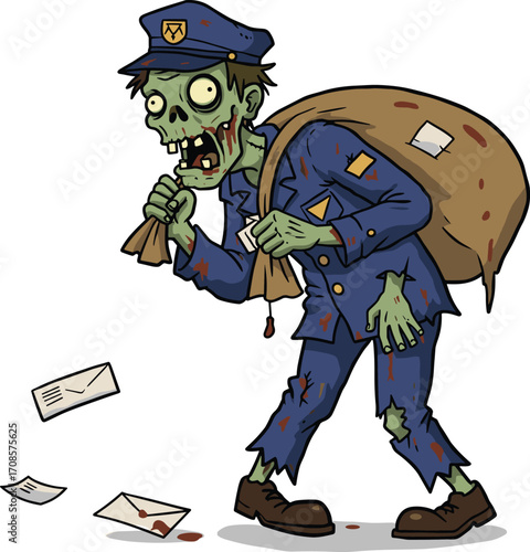 Zombie mailman cartoon illustration, undead postal worker with torn uniform carrying sack of letters, horror character, scary zombie delivering mail concept