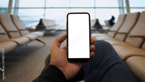 A first-person perspective photograph of a hand holding a smartphone vertically while sitting at an airport gate.