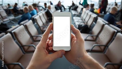 A first-person perspective photograph of a hand holding a smartphone vertically while sitting at an airport gate.