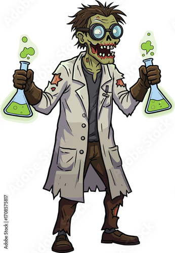 Zombie scientist cartoon illustration, undead mad doctor with glowing potions, horror chemistry character, scary lab monster in tattered lab coat