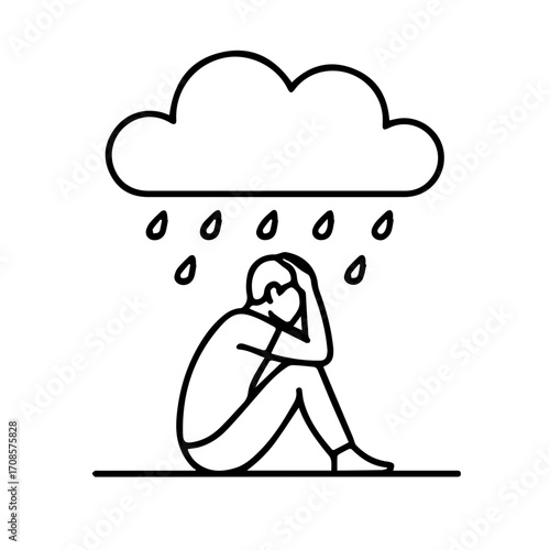 Person sits alone in the rain under a dark cloud, feeling sad and isolated.