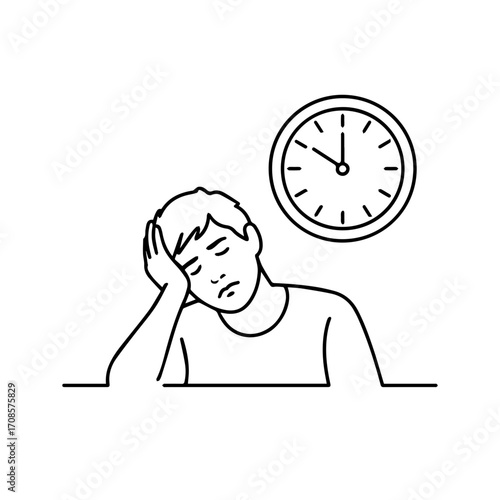 Tired young man resting head on hand, looking bored near a clock, symbolizing fatigue and time passing.