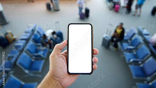 Photo of a man holding a smartphone while sitting at an airport.