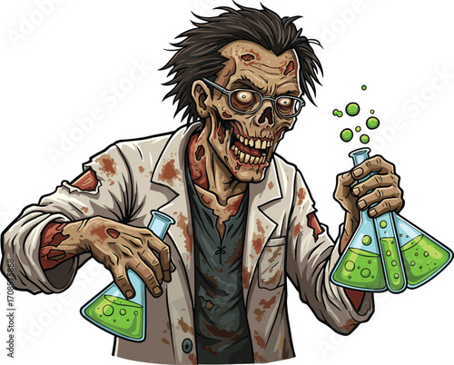 Zombie scientist with green potions, undead mad doctor illustration, horror chemistry character, creepy lab monster, vintage cartoon horror mad scientist artwork