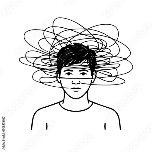 Person overwhelmed by chaotic thoughts and mental stress, depicted with tangled lines around the head.