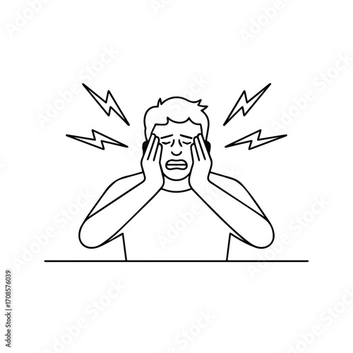 Man overwhelmed by stress and anxiety, holding head in hands with lightning bolt symbols around him.