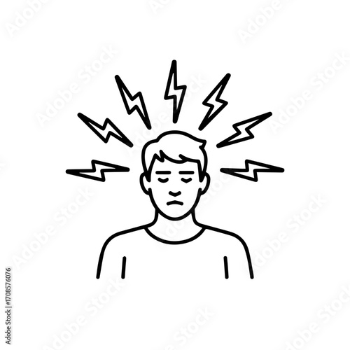 Person experiencing intense headache or mental distress with radiating energy.