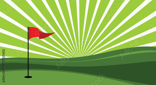 Stylized vector illustration of golf course with red flag, rolling green hills, and dynamic radiating lines, symbolizing sport, leisure, and competition