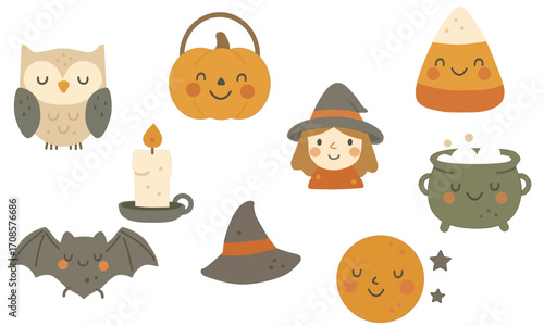 Kawaii Halloween Clipart. Cute vector illustration of an owl, pumpkin, bat, witch, and other festive items