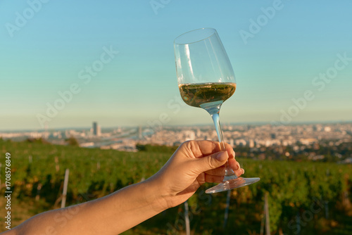 Horizontal photo of a female hand with long nude nails holding a white wine glass above vineyard rows with Vienna skyline in the distance. Warm pre-sunset light creates cozy, romantic outdoor wine atm