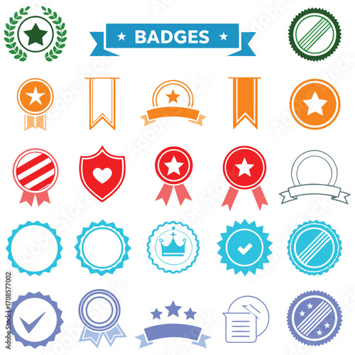 Colorful award badge icons with ribbons, stars, seals, and shields for certificates, rewards, and achievements. Perfect for branding, contests, and recognition designs. Editable vector emblem set.