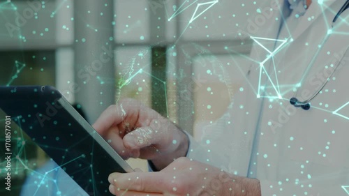 Lab-coat doctor lifting tablet and swiping globe overlay for analyzing health data in clinic lobby