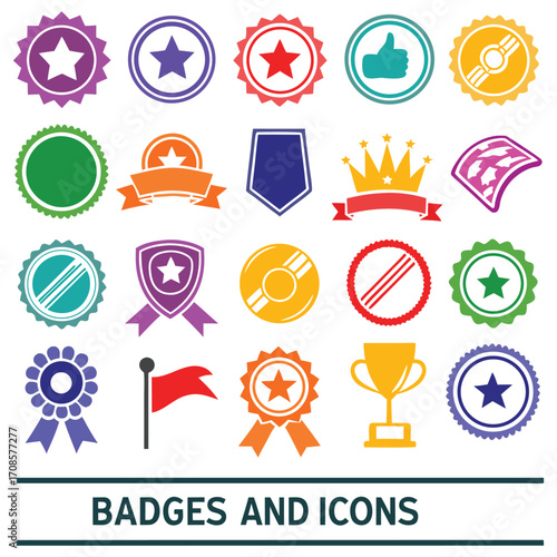 Colorful award badge and trophy icons with stars, ribbons, crowns, shields, and medals. Perfect for certificates, competitions, branding, and recognition design. Editable vector set.