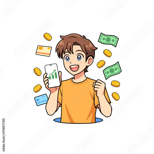 Cartoon Style Finance App Onboarding Illustration – Fully Editable Vector of Happy Character with Mobile Phone, Coins, and Credit Cards – Flat Clean Graphic art Resource finance business customizable