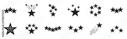 Star Silhouette Icon Set With Various Arrangements. Decorative And Rating Symbol Collection. Perfect For Reviews, Achievements, And Celebrations. Isolated Vector Illustration