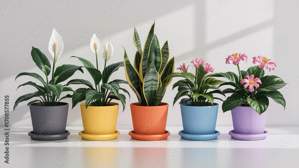 Fototapeta premium Potted plants with white and pink flowers and green leaves houseplants peace lily