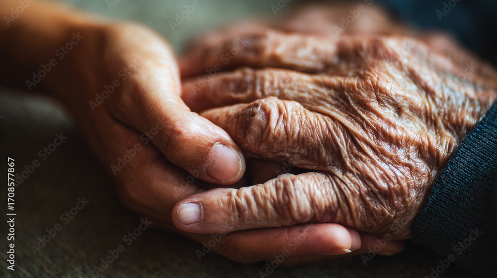 Fototapeta premium A close-up of a younger hand gently holding an older, wrinkled hand, symbolizing comfort, support, and intergenerational connection.