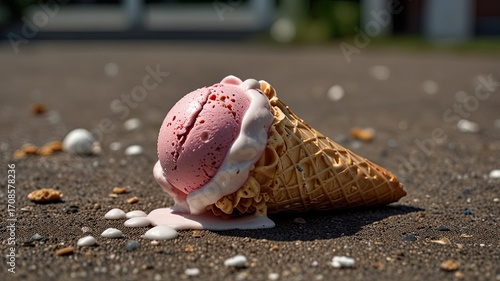ice cream cone on the asphalt in the summer, close-up