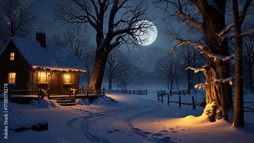 Winter night in the village with a wooden house and a full moon