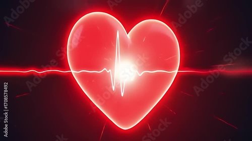 Glowing red heart symbol with heartbeat line on a dark background, representing love and vitality