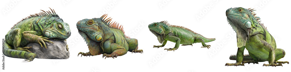 Fototapeta premium Colorful iguanas sitting on stone realistic poses and expressions on transparent background