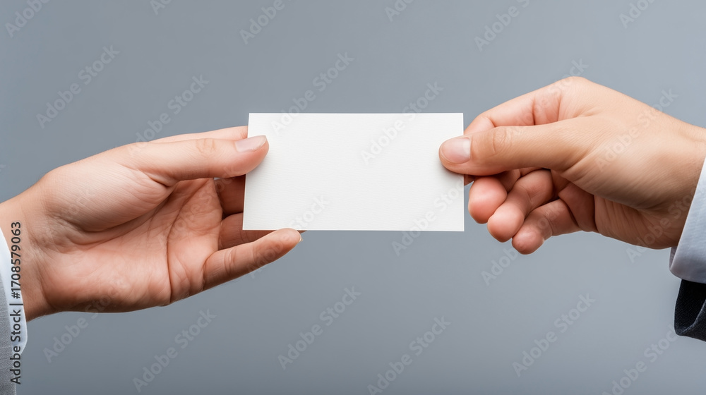 Fototapeta premium A white card is being passed between two people