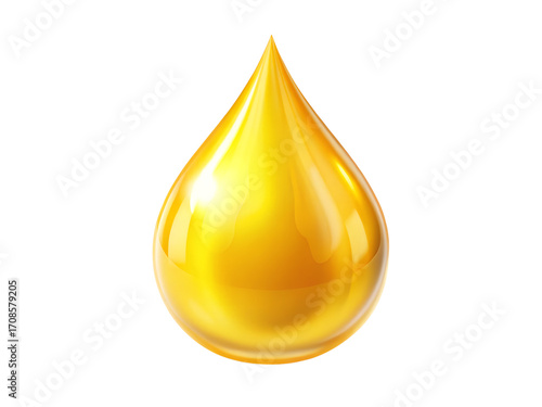 A single, perfect golden drop of oil or liquid, isolated on a transparent background