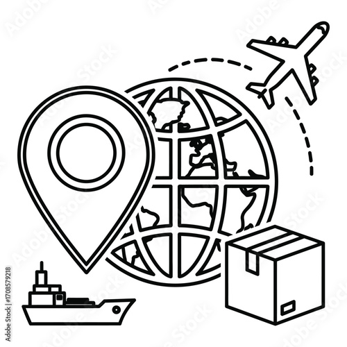 Vector art of a line drawing of global shipping and logistics isolated on white background