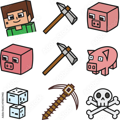 Voxel game icons collection featuring character, pigs, cubes, pickaxes, dice, and skull symbol. Perfect for pixel art, survival, and creative projects. Editable vector illustration.