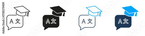Graduation Cap With Language Speech Bubble Line And Solid Icon Set. Language Learning, Translation, Education Symbol Collection. Multilingual Academic Achievement. Isolated Vector Illustration