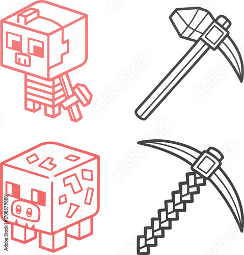 Set of outlined voxel icons featuring pixel pigs and mining pickaxes. Great for gaming assets, adventure themes, and digital design projects. Editable vector illustration.