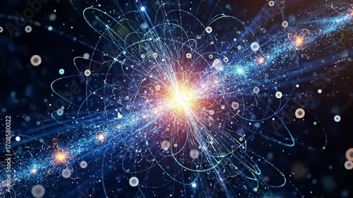 Wallpaper Mural Quantum Energy Field - Abstract visualization of a quantum field, showcasing swirling energy and matter in vibrant blue and orange hues. Torontodigital.ca