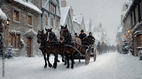 Victorian horse-drawn carriage with drivers traveling through snowy village street during gentle snowfall, historic winter scene with lantern-lit stone houses and festive atmosphere, panoramic holiday