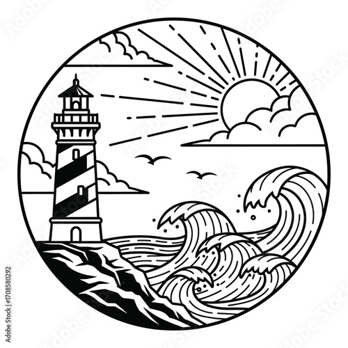 Vector art of lighthouse by the sea with waves and sun illustration
