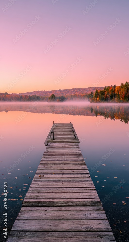 Fototapeta premium Tranquil autumnal sunrise over a lake, with a wooden dock extending into the water. Peaceful morning light, soft colors, and mist-shrouded shoreline