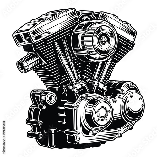 Vector art of black and white illustration of a motorcycle engine isolated on white background