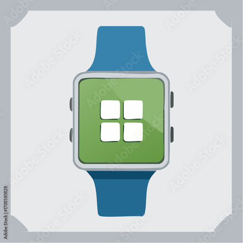Illustration of a modern smartwatch displaying a grid-like interface on a light background