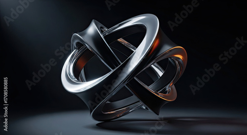 Metallic orb shape against dark backdrop shines with intriguing geometry, polished surface reflecting light. Metallic orb art and structural form capture attention, hinting at innovation and design.