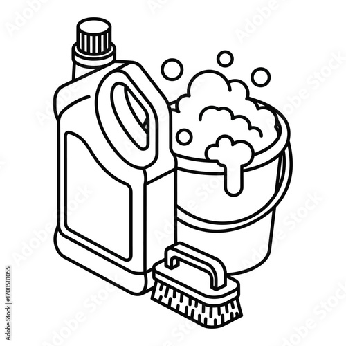 Vector art of a cleaning bucket with soap, brush, and detergent isolated on white background