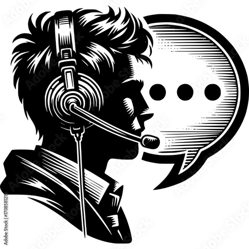 Customer Service Operator: A detailed silhouette illustration of a dedicated customer service operator wearing a headset, engaged in active listening with a speech bubble.