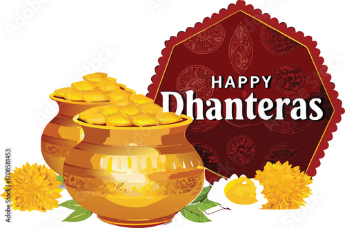 Golden pots overflowing with coins and marigold flowers