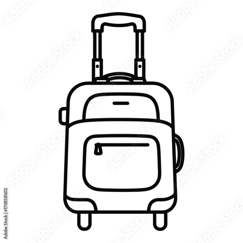 Vector art of a black and white drawing of a rolling suitcase with a handle