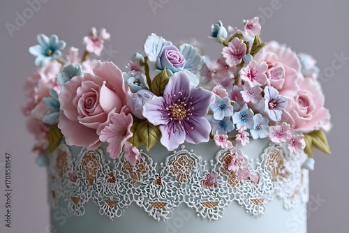 A whimsical pastel wedding cake adorned with edible lace and soft sugar flowers, perfect for a fairy-tale-inspired celebration